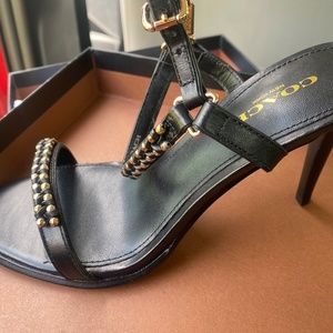 New in Box Authentic COACH Black W Gold Embellishments Sexy Strappy Heels
